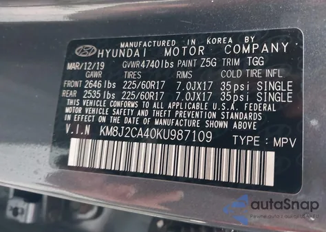 2019 Hyundai Tucson Se from USA, damaged, VIN KM8J2CA40KU987109